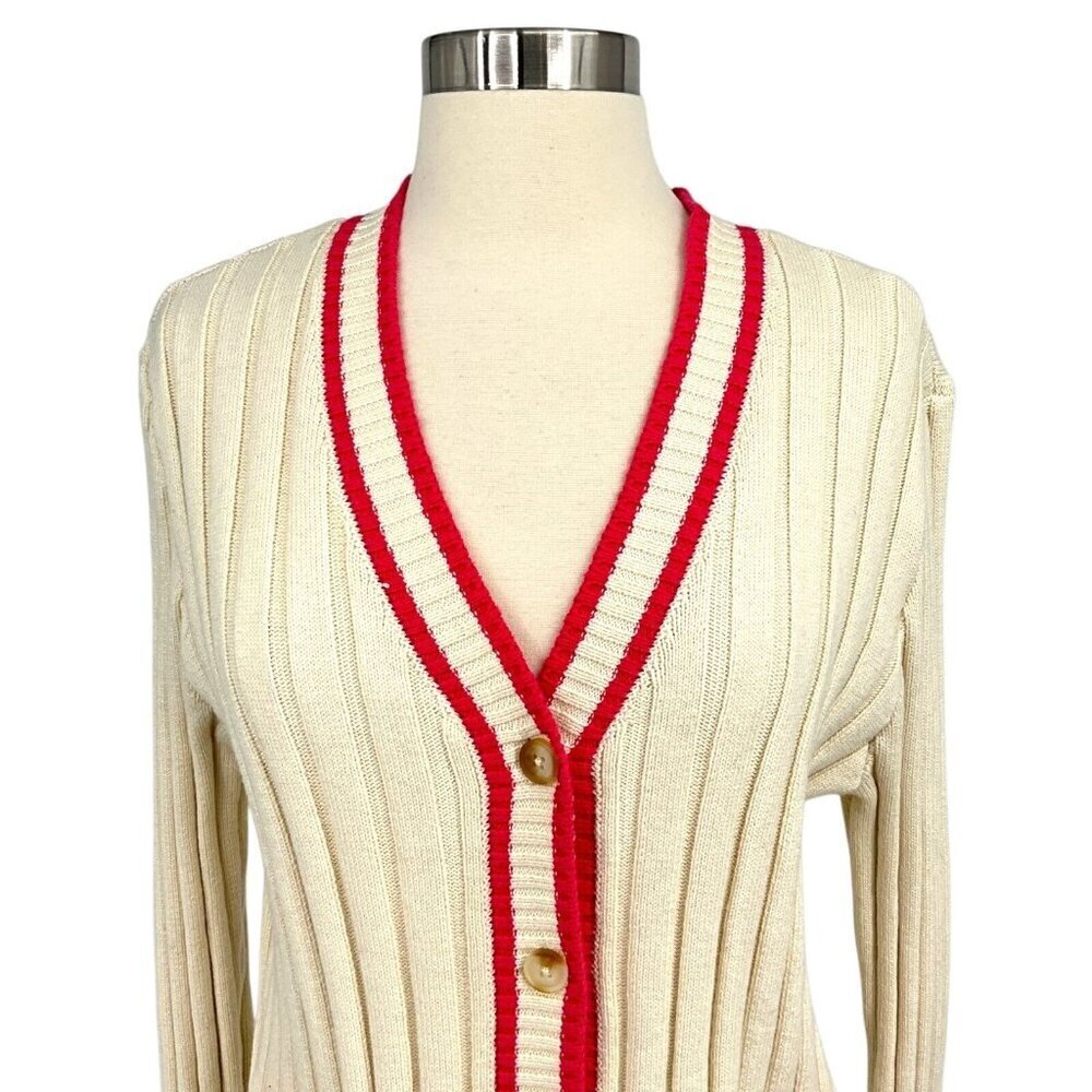 Faherty Vintage Game Set Cardigan Size M Ivory Pink Ribbed Cotton Cashmere - Picture 2 of 8